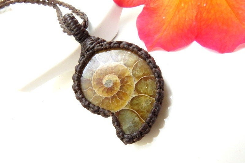 Ammonite Macrame Necklace, ammonite jewelry for sale, ammolite jewelry, fathers day gift for him, ammonite fossil jewelry, fossil necklace
