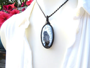 Dendrite Opal gemstone necklace, gift ideas for christmas, goth jewelry, macrame necklace, macrame jewelry, black and white, hostess gift