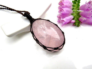 Pendant Necklaces, Rose Quartz macrame necklace, love stone jewelry, crystal healing