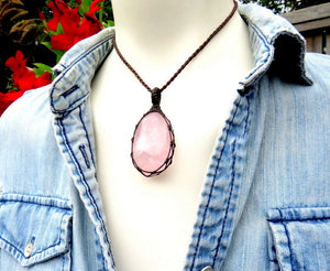 Pendant Necklaces, Rose Quartz macrame necklace, love stone jewelry, crystal healing
