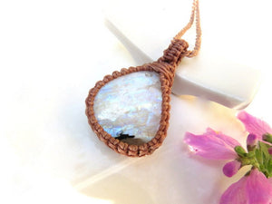 Rainbow Moonstone macrame necklace. blue moonstone necklace. moonstone jewelry, gift ideas for her, macrame jewelry