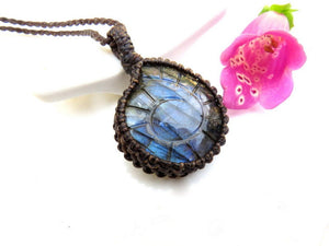 Macrame necklace, Labradorite necklace, Ammonite carving, blue Labradorite, macrame jewelry, blue stone, metaphysical crystal jewelry,