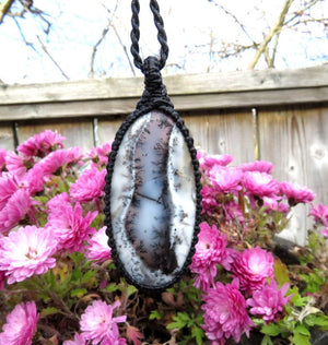 Dendrite Opal gemstone necklace, moss opal, oval gemstone pendant, macrame necklace, macrame jewelry, black and white, mothers day gift