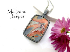 Scenic Maligano Jasper macrame necklace, jasper necklace, Jasper gemstone necklace, gemstone jewelry, etsy necklaces, etsy jewelry