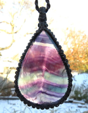 Flow with your Truth, Fluorite Crystal necklace, Rainbow Fluorite crystal, Protection from Negative Energy, Macrame necklace, teardrop gem