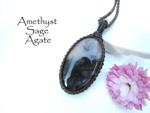Purple Sage Agate Necklace / macrame gemstone necklace / purple chalcedony / amethyst sage / stone jewelry / Healing crystals and gemstones