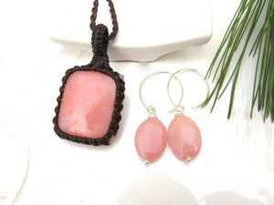 Peruvian Pink Opal Necklace and earring set, Pink Gemstone necklace, pink opal pendant, sterling silver earrings, jewelry set