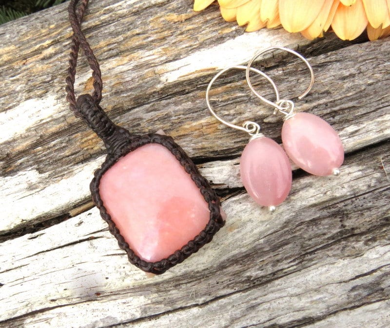 Peruvian Pink Opal Necklace and earring set, Pink Gemstone necklace, pink opal pendant, sterling silver earrings, jewelry set
