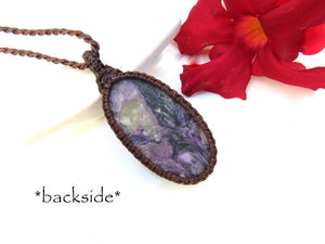 Purple Charoite macrame necklace , for the jewelry lover, charoite jewelry, for the boho beauty, handmade jewelry earth aura creations