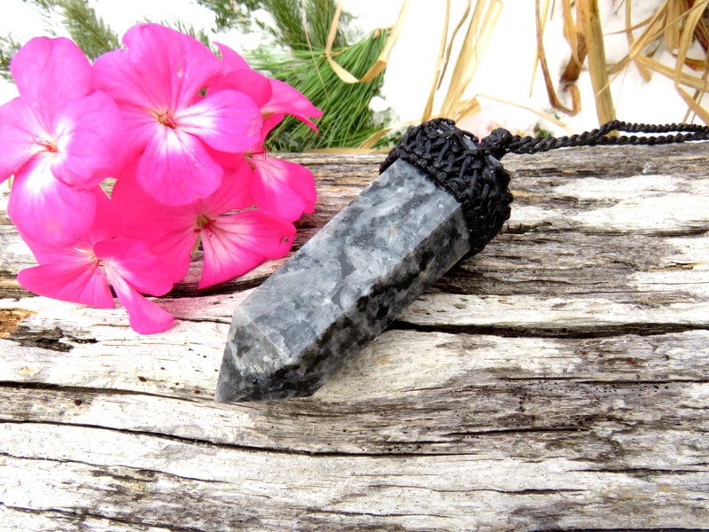 Larvikite Necklace, Larvikite pendant , Crystal necklaces, Gemstone jewelry, Macrame Pendant, Norway, Scorpio jewelry, Black Labradorite