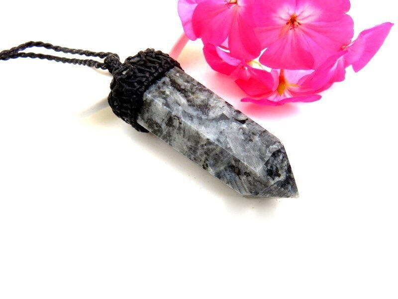 Larvikite Necklace, Larvikite pendant , Crystal necklaces, Gemstone jewelry, Macrame Pendant, Norway, Scorpio jewelry, Black Labradorite