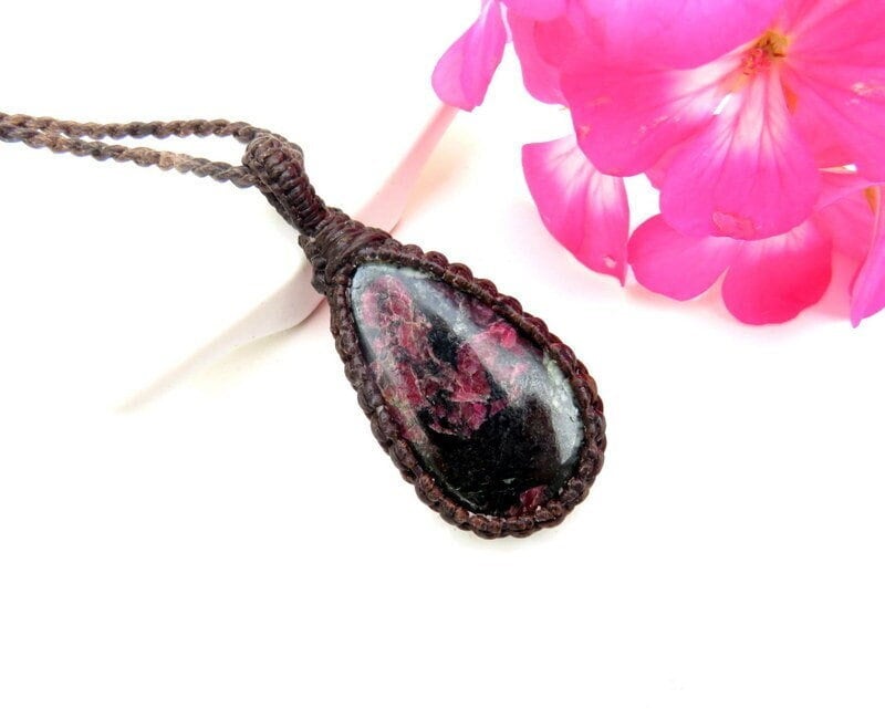 Eudialyte macrame necklace, gemstone necklace, rare gemstones, mothers day gift ideas, for the rock collector, macrame jewelry