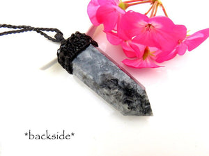 Larvikite Necklace, Larvikite pendant , Crystal necklaces, Gemstone jewelry, Macrame Pendant, Norway, Scorpio jewelry, Black Labradorite