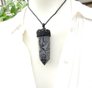 Larvikite Necklace, Larvikite pendant , Crystal necklaces, Gemstone jewelry, Macrame Pendant, Norway, Scorpio jewelry, Black Labradorite