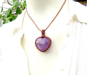 Mothers day gift, Amethyst heart necklace, heart shaped amethyst, birthday gift for her, macrame necklace, gift ideas for the boho beauty