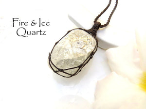 Fire and Ice Quatz crystal necklace, macrame necklace, gift ideas for the boho beauty, the crystal collector, mothers day gift ideas