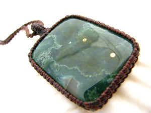 Deep green, square shaped  Ocean Jasper pendant necklace, macrame necklace, jasper gemstone